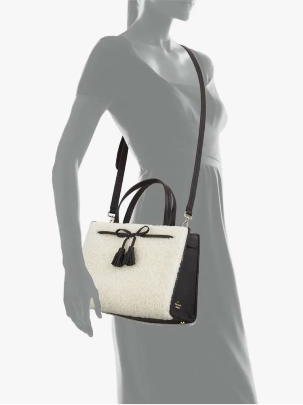 Kate Spade Black Pebbled Leather Crossbody Bag with Gold Logo and White Fur